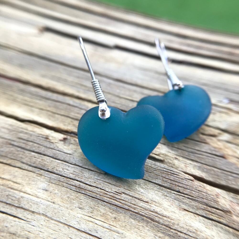 Blue frosted glass swing heart dangle drop earrings